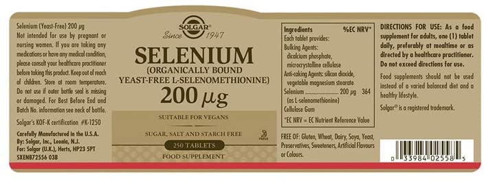 Solgar Selenium 200g - Yeast Free - Healthy Hair & Nails - Supports The Metabolism - Vital Mineral - 250 Tablets - Image 2