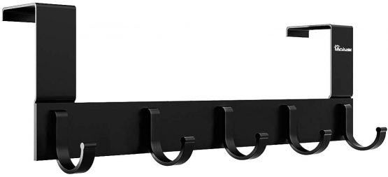 Anjuer Over the Door Coat Clothes Hanger Rack 5 Hooks for Bedroom Bathroom Kitchen Door, Towels Hats Robes Keys Handbags Hooks Accessories, Aluminum Alloy Black