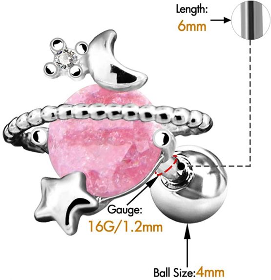 OUFER 16G 316L Surgical Steel Cartilage Earring Studs Star Moon Pink Stone Saturn Planet Tragus Earrings Helix Ear Piercing - Image 3