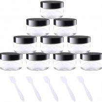 kuou 10 * 15ml Empty Plastic Cosmetic Jars, Sample Containers Pots Bottles with Black Screw Lids and 5pcs Spatulas for DIY Travel Makeup Creams/Powder/Mineral Make Up Cosmetic