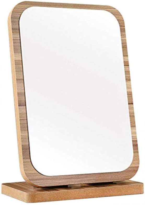 Lurrose Desktop Makeup Mirror Wood Frame Folding Rectangular Cosmetic HD Mirror
