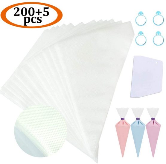 205 Pcs Clear Plastic Pastry Icing Bag Set,200 Pcs 12 inch Piping Bag+4 Icing Bag Ties+1 Icing Smoother,Fit All Nozzles & Couplers,for Cake Decoration, Cookies, Dessert