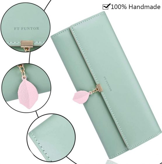 FT FUNTOR PU Leather Wallet for Women RFID Blocking Ladies Leaf Pendant Coin Zipper Long Purse with Multiple Card Slots and Card Holders Phone Pocket (Green) - Image 4