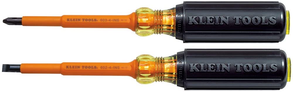 KLEIN TOOLS 2-Piece Set of 4" Insulated Screwdrivers Klein Tools 33532-INS, Orange Shank, Black, Yellow Handle, Gray Bits, Pack of 1