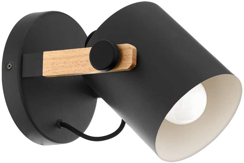 Eglo Wall Lamp Hornwood, 1-Light Vintage Wall Light in Industrial Style, Retro Lamp Made of Steel and Wood, Colour: Black