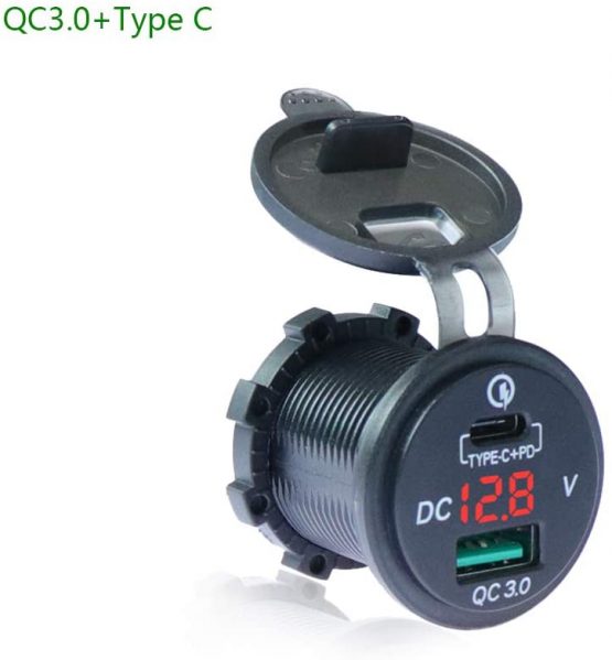 Red LED Voltmeter for 12 V ~ 24 V Car Boat Motorcycle SUV Bus Truck Caravan Marine QC 3.0 PD Type C Car Charger with LED Voltmeter Car USB Socket with QC 3.0 USB Socket Waterproof and Dustproof