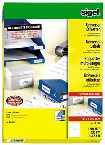 SIGEL LA182 Universal Permanent Labels, White, 21 x 29.7 cm, 100 lbl equal to 100 sheets, White, 210 x 297 mm