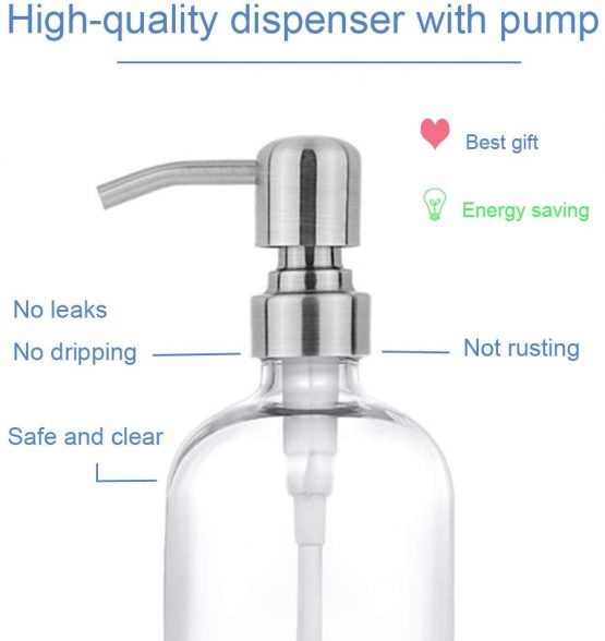 GLUBEE Clear Glass Soap Dispenser, 500ml Washing Up Liquid Dispenser with Stainless Steel Pump, BPA Free, Eco Friendly for Bathroom, Kitchen Sink - Image 2