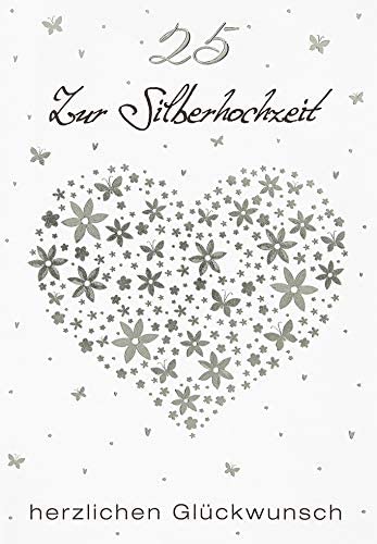 Perleberg, Unique Cards for Silver Wedding Anniversary with Heart Motif, Stylish Silver Wedding Card with Envelope in Silver