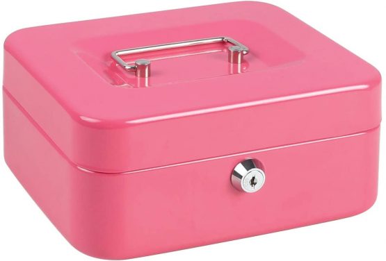 Cash Box with Money Tray, Metal Locking Money Box with Key Lock for Security, 7 4/5" x 6 4/5" x 3 3/5", Pink