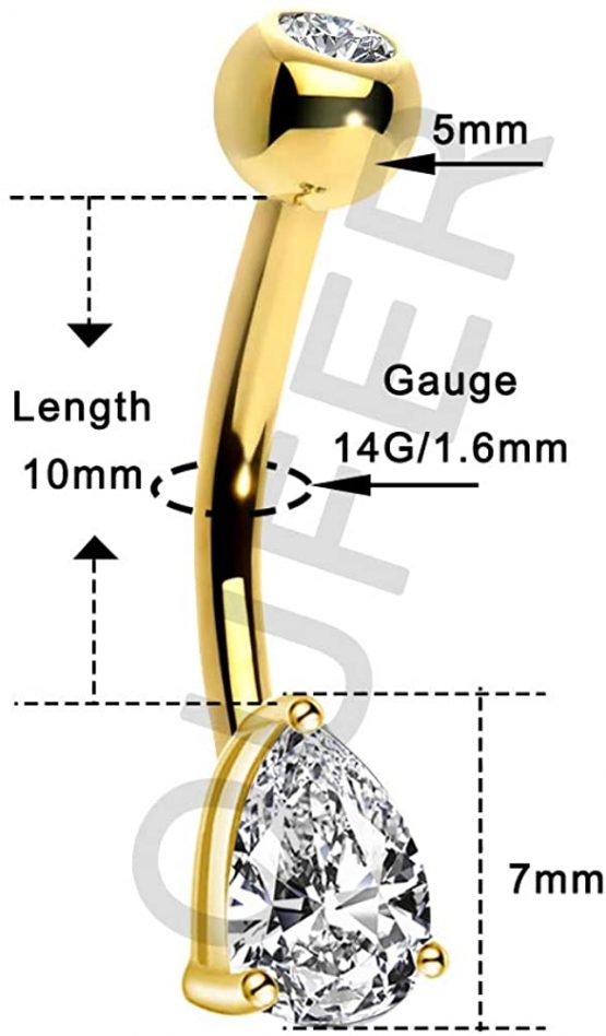 OUFER 14G 14K Solid Gold Belly Button Ring Clear Teardrop CZ Navel Rings Belly Bars - Image 2
