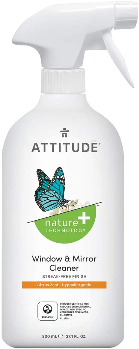ATTITUDE Window & Mirror Cleaner, EWG Verified, Plant- & Mineral-Based, Vegan & Streak-Free Glass Spray, Citrus Zest Scent, 800 mL