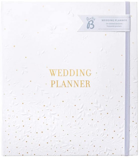 Busy B Wedding Planner - Beautiful white & gold spiral-bound wedding organiser with 6 tabbed sections and storage pockets. Perfect engagement gift.