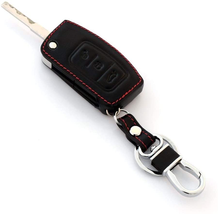 Happyit Leather Car Fold Key Cover Cases for Ford New Fiesta Ecosport Focus 2 MK2 3 Buttons with Keychain (Black) - Image 2
