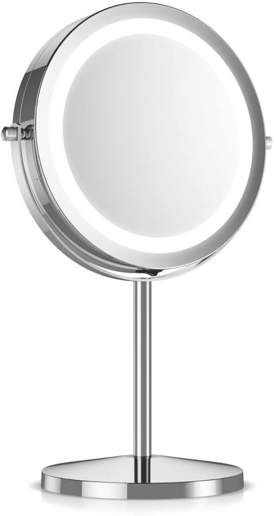 Navaris LED Illuminated Makeup Mirror - Two-Sided Vanity Mirror with Normal and 5x Magnification - 2-in-1 360° Swivel Cosmetics Mirror - Silver