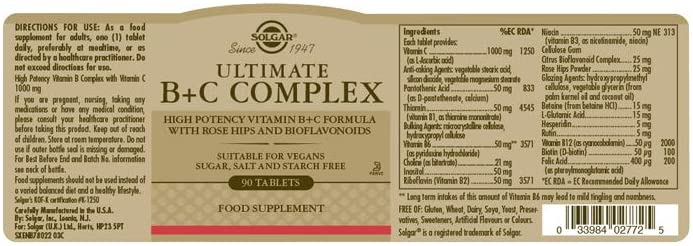 Solgar Ultimate B Plus C Complex Tablets, Pack of 90, B1, B2, B3, B4, B5, B6, B7, B12, Vitamin C - Image 2