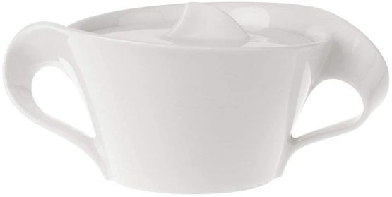 Villeroy & Boch 1025250960, New Wave Sugar Bowl, Jam Jar with Lid, Curved Handle, Premium Porcelain, Dishwasher and Microwave Safe White, 260 ml