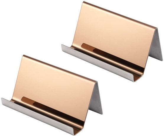 YOSCO Stainless Steel Business Card Holder for Desk Office Business Card Stand Collection Organizer for Name Card,Business Card Display, 2 Pack (Rose Gold)