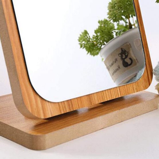 Lurrose Desktop Makeup Mirror Wood Frame Folding Rectangular Cosmetic HD Mirror - Image 3