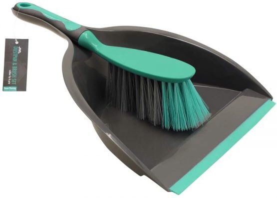JVL 20-039GY Rubber Grip Dustpan and Bristle Brush Set, Grey/Turquoise