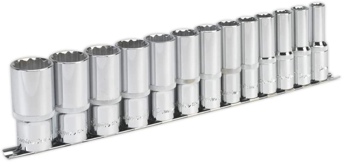 Sealey Ak2675 Socket Set 13Pc 1/2Sq Drive 12Pt Deep Walldrive Imperial, Red, 1/2"