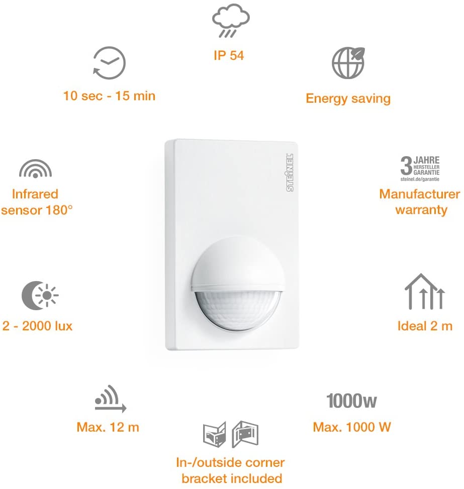 Steinel Motion Sensor IS 180-2 White, PIR Motion Detector, 12 m Reach, max. 1000 W for 6 LED Lights, Twilight Switch - Image 4