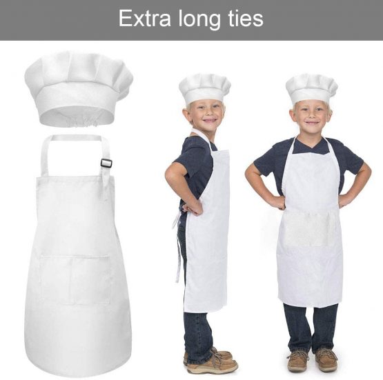 DECARETA Kids Apron and Chef Hat Set,2 Kids Chefs Apron with Pockets and 2 White Kids Chef Hat,Polyester Adjustable Children Chef Apron,Hat Cooking,Baking Painting Wear for Boys and Girls (4-12year) - Image 3