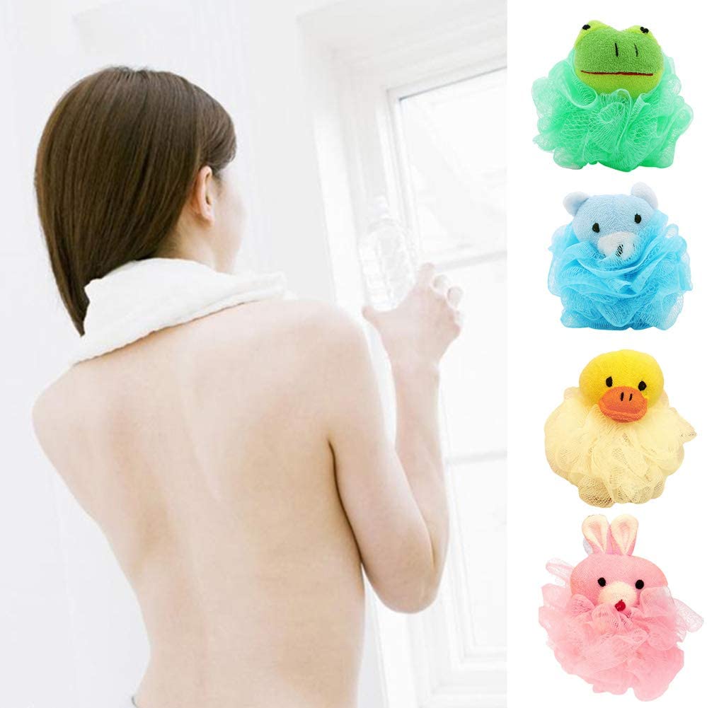 4PCS Cute Animal Mesh Bath Shower Sponge Loofahs, Children's Cartoon Bath Spong, with 4 Seamless Hook, Yellow, 4 count (Pack of 1) - Image 3