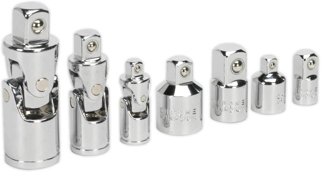 Sealey Ak2737 Universal Joint and Socket Adaptor Set 7Pc 1/4 3/8 and 1/2Sq Drive, Silver, 1/4/3/8/1/2-Inch Square Drive