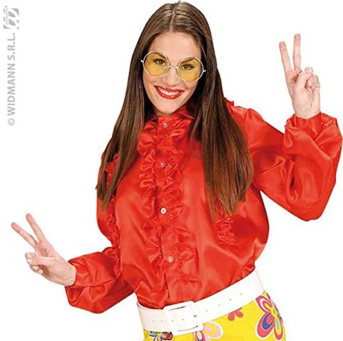 M Size Satin Red Ruffle Shirts Costume for 70s Travolta Night Fever Theme Fancy Dress