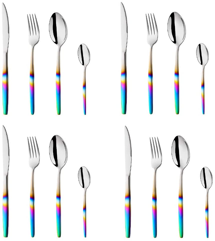 BISDARUN Stainless Steel Flatware Rainbow Coloured Handle Iridescent Cutlery Set 16 Piece Silverware Service for 4 Dinner Spoon Fork Knives Set for Party Outdooor Camping Travel Dishwasher Safe