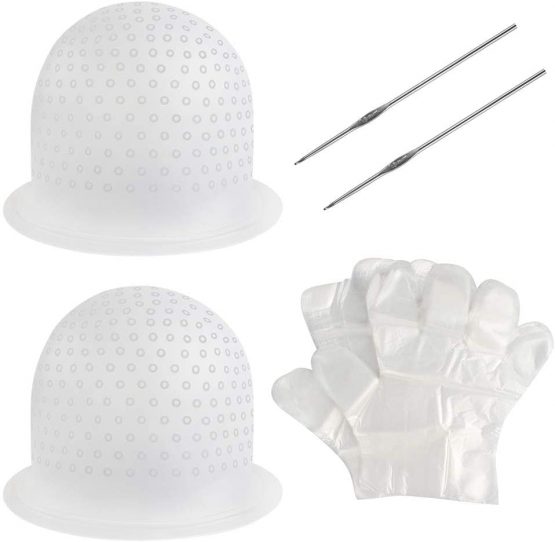 Dadabig 2 Sets Hair Dyeing Highlighting Cap, Silicone Highlighting Cap Professional Reusable Salon Hair Coloring Hat with 2 Metal Hooks and 100 Gloves for Dyeing Hair