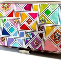 Mother of Pearl Yellow Green Red Business Credit Name Id Card Case Holder Metal Stainless Steel Engraved Slim Purse Pocket Cash Money Wallet with Colorful Patchwork Design