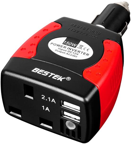 BESTEK 150W Power Inverter Car Laptop Charger DC 12V to AC 230V 240V Converter Adapter with 3-Pin Plug and Dual USB Ports