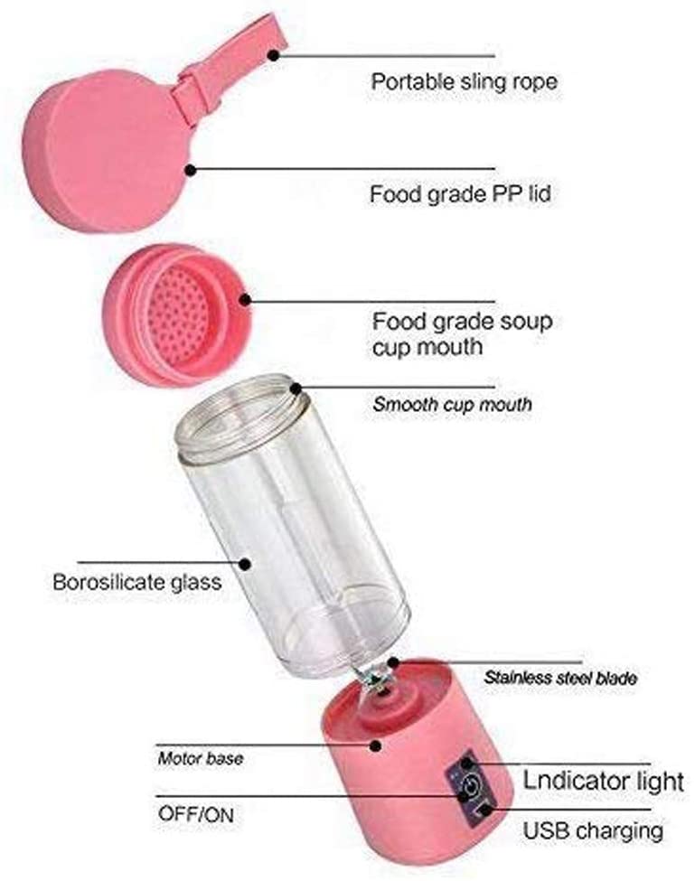 Portable Blender Mini Blenders Smoothies Shakes Juicer Cup USB Rechargeable Six Blades in 3D for Superb Mixing 380mL Pink - Image 3