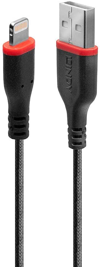 LINDY 3m Reinforced USB Type A to Lightning CHARGE & SYNC Cable, Black