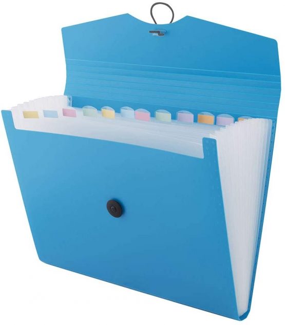 D | Expandable Expanding File | Document Organiser | Folders Expander for School - Office - Home | Expanding File Folders | Pockets Filing Box | 12 Compartments | Size: A4 | Colour: Blue 110390