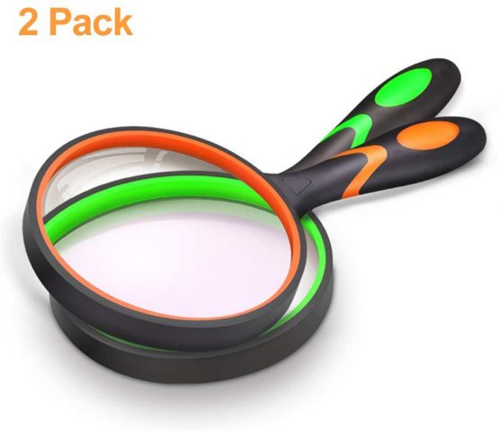 Magnifying Glass 10X, Handheld Reading Magnifier with Non-Slip Soft Rubber Handle, 75mm Magnifying Lens, Shatterproof Magnifying Mirror Reading Books, Inspection, Insects(Green/Orange) Pack of 2