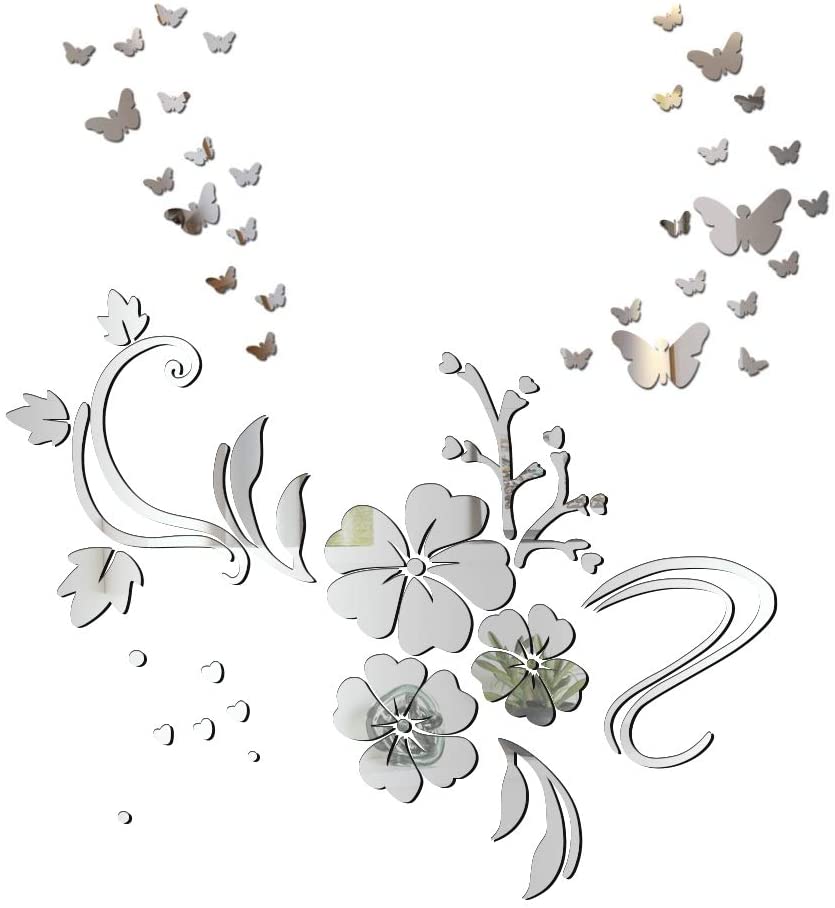 MEJOSER 2 Sets Mirror Wall Stickers Butterfly Flower Vine for Children Bedroom Living Room Decoration DIY