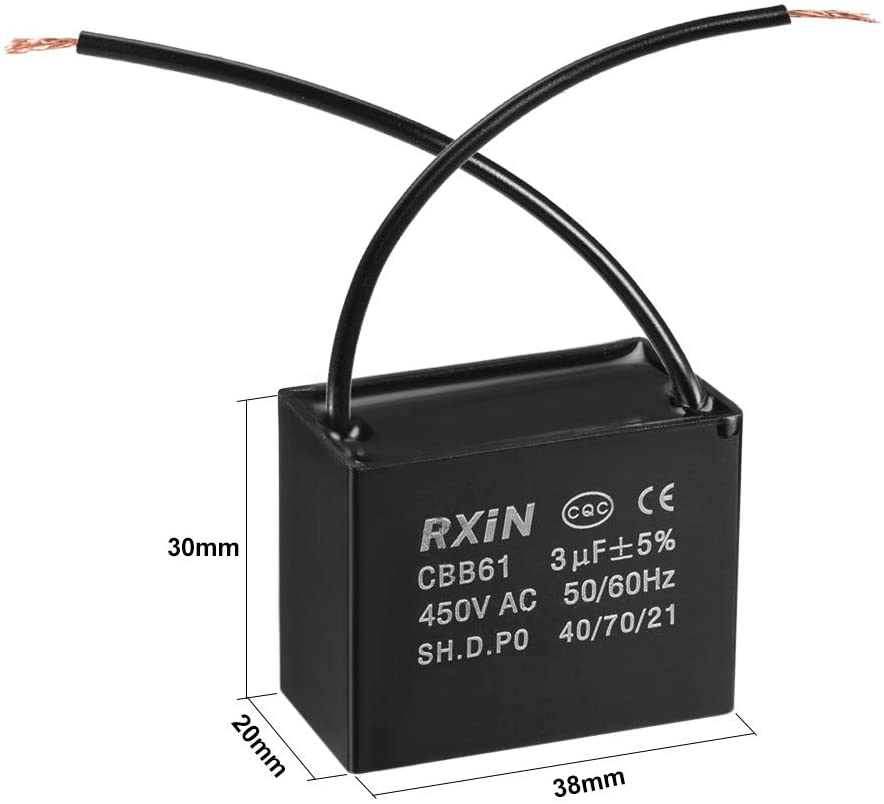 sourcing map Ceiling Fan Capacitor CBB61 3uF 450V AC 2 Wires Metalized Polypropylene Film Capacitors 38x20x30mm for Water Pump Motor Generator - Image 2