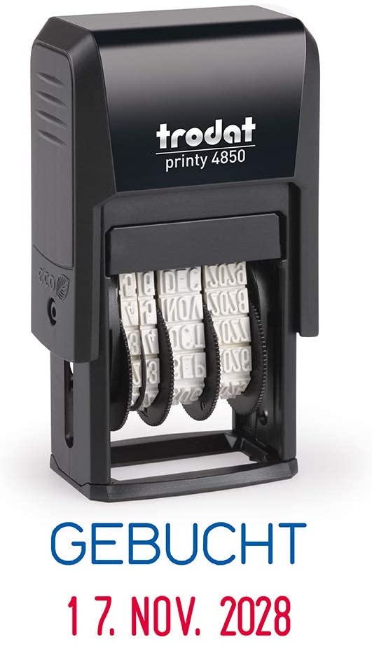 Trodat Printy 4850/L7 Date Stamp with Standard Text in Black, Office Text Booked, 4 Bands (DD/MMM.YYYY) Date for 12 Years