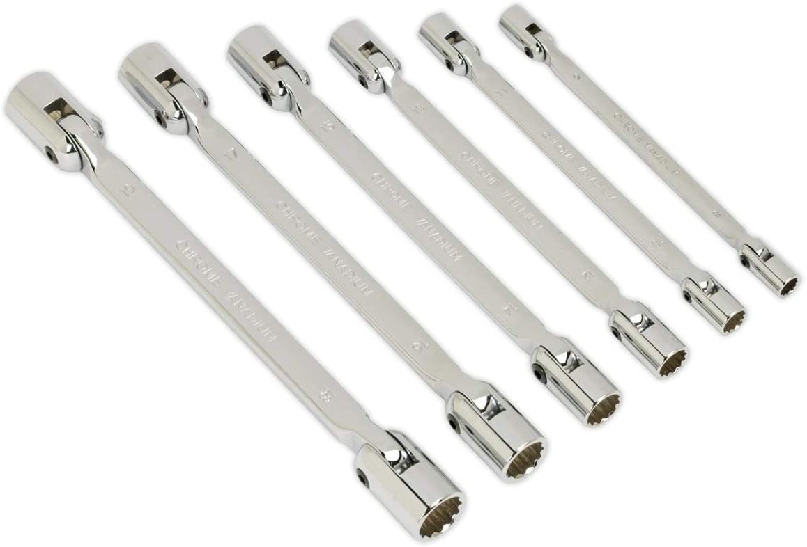 Sealey Ak635 Double Flexi-Head Socket Spanner Set 6Pc Fully Polished Metric, Silver