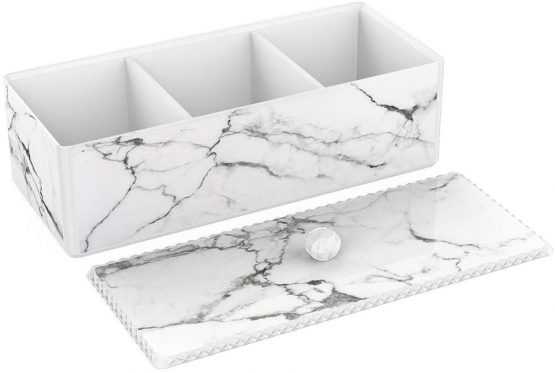 Luxspire Cotton Swab Holder with Lid, Marble Pattern Cotton Ball Holder Dispenser, Barthroom Canister Storage Jar for Cotton Pads Bud Q-tip, Vanity Cosmetics Countertop Organizer with 3 Compartments