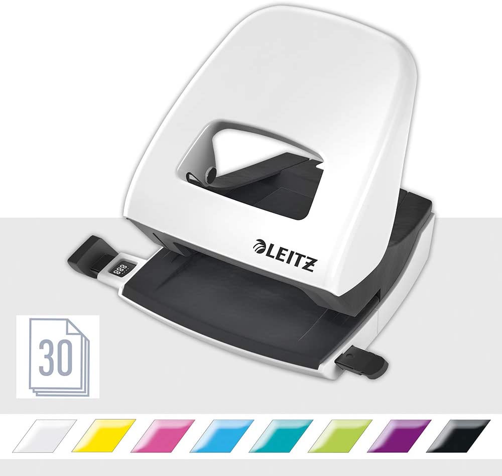 Leitz Hole Punch, 30 Sheets, Guide Bar with Format Markings, Metal, WOW Range, 50081001 - Pearl White