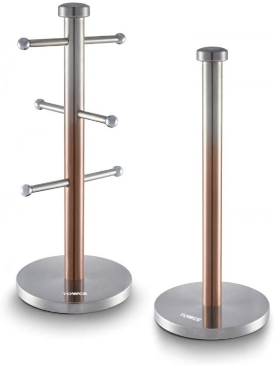 Tower T826072COP Ombre Mug Tree and Kitchen Roll Holder, Stainless Steel body with Weighted Base, Copper