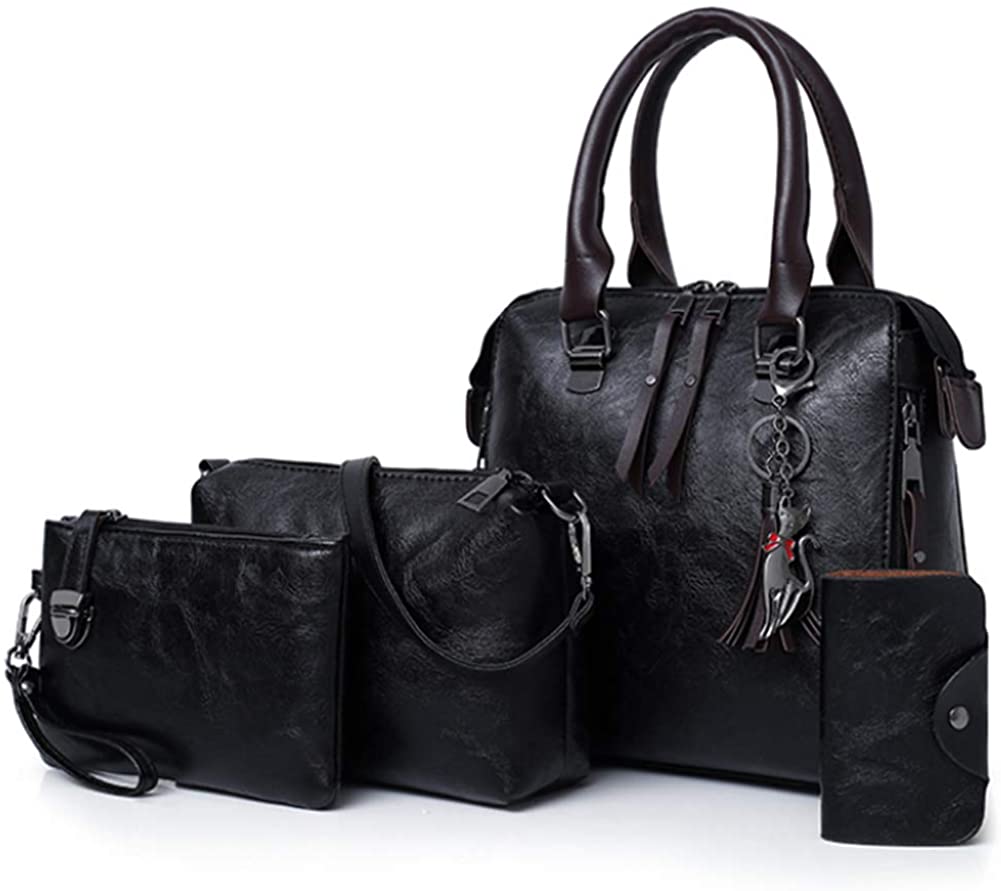 Segater® Women Fashion Handbag+Shoulder Bag+Purse+Card Purse Faux Leather Tote 4 Pieces, Black