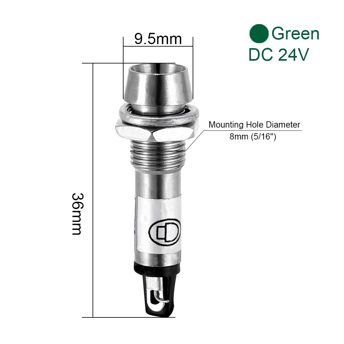 sourcing map Indicator Light DC 24V, Green, Metal Shell Panel Mount 5/16" 8mm 8Pcs - Image 2