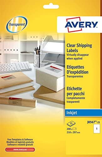 Avery Self Adhesive Clear Parcel Labels, Inkjet Printers, (A4 Sheets of 210 x 297 mm, 1 Label per A4 Sheet, 25 Sheets)