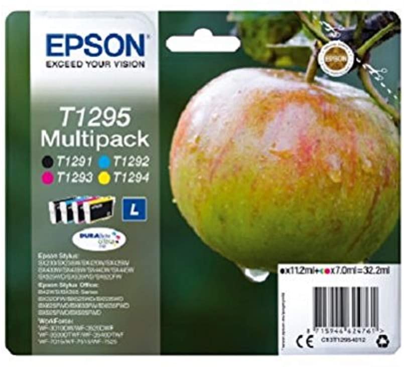 Epson T1295 Black/Cyan/Magenta/Yellow Ink Cartridges (4 Pack) C13T12954012, 4 Colour C/M/Y/Blk, Standard