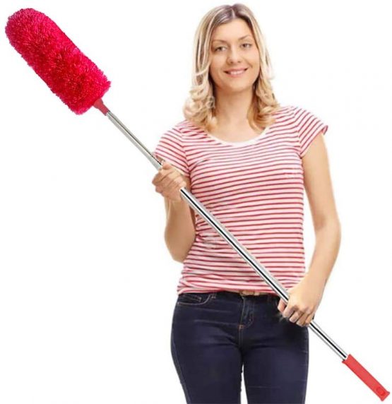 Feather Duster, Extendable Duster Microfiber Long Extension Pole Scratch Resistant Cover, Washable, Cleaning High Ceiling Fans, Blinds, Cobweb (Red)